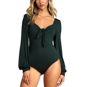 BNWT Lulus Tie Fidelity Dark Green Tie-Front Bodysuit